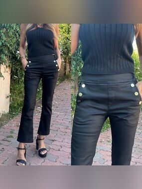Bevy Flog Sofia Cropped Flare in Black Stripe Gold Buttons- Still Full Price